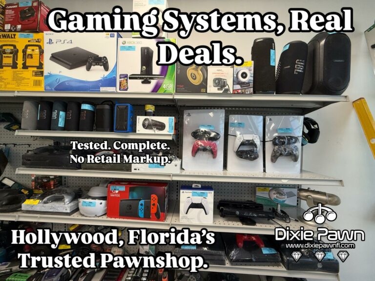 Wall of game consoles including PS5, Xbox, and Nintendo Switch at Dixie Pawn in Hollywood, Florida